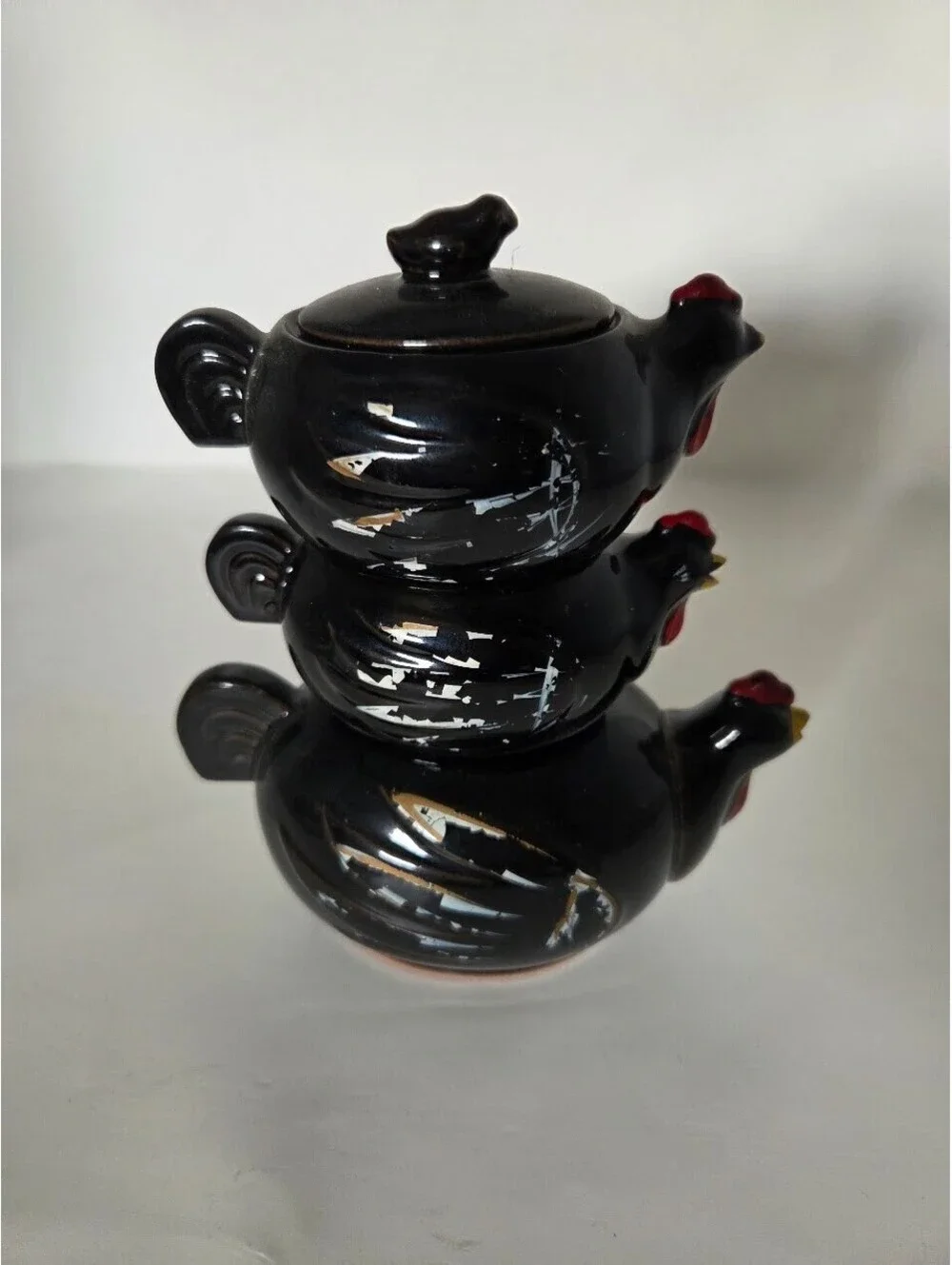 Vintage Black Hen Stacking Chicken Sugar Creamer Salt Ceramic Trio Set USA